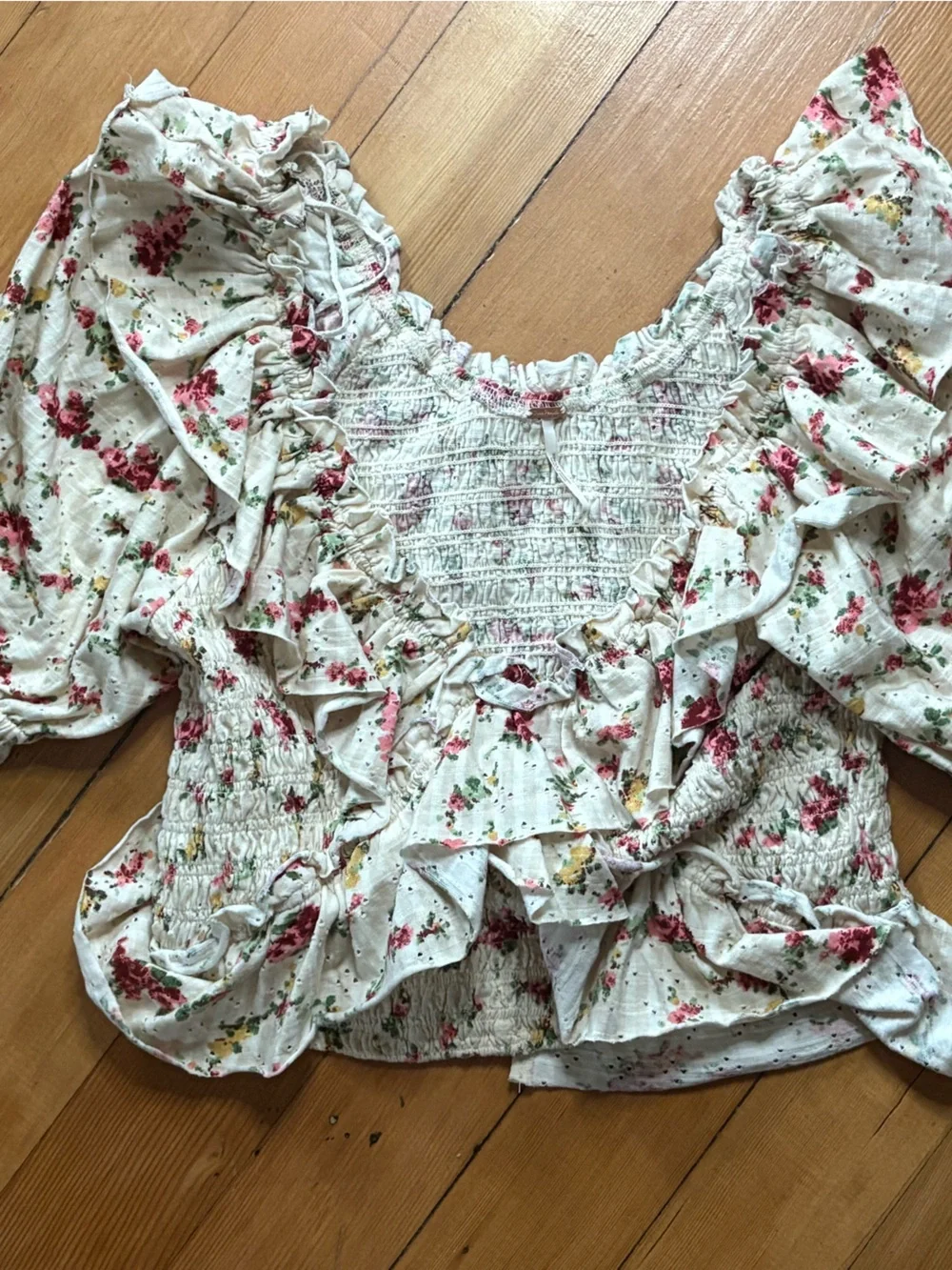 Free People White Floral Smocked Ruffle Peasant Blouse